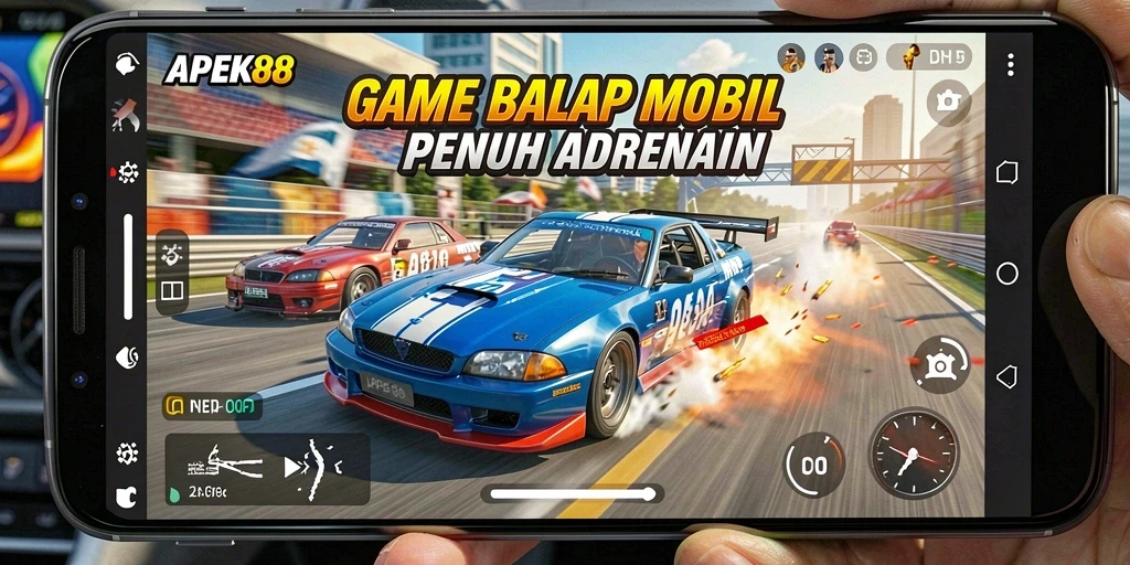 Tampilan gameplay APEK88 dengan mobil balap yang cepat dan trek menantang.