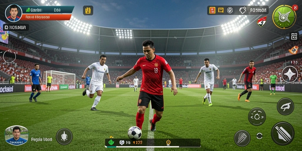 Screenshot gameplay FO8 menampilkan aksi pertandingan sepak bola yang seru.