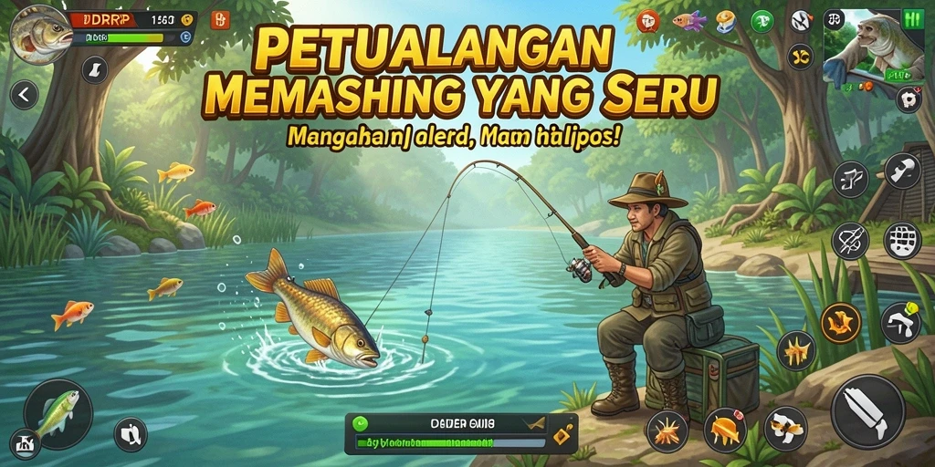 Gameplay IDRRP yang menampilkan momen seru saat memancing di danau.