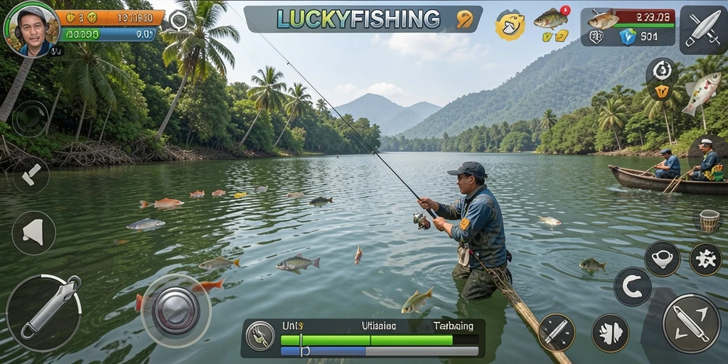 Tampilan gameplay menarik dari aplikasi LUCKYFISHING dengan fitur utilitas memancing.