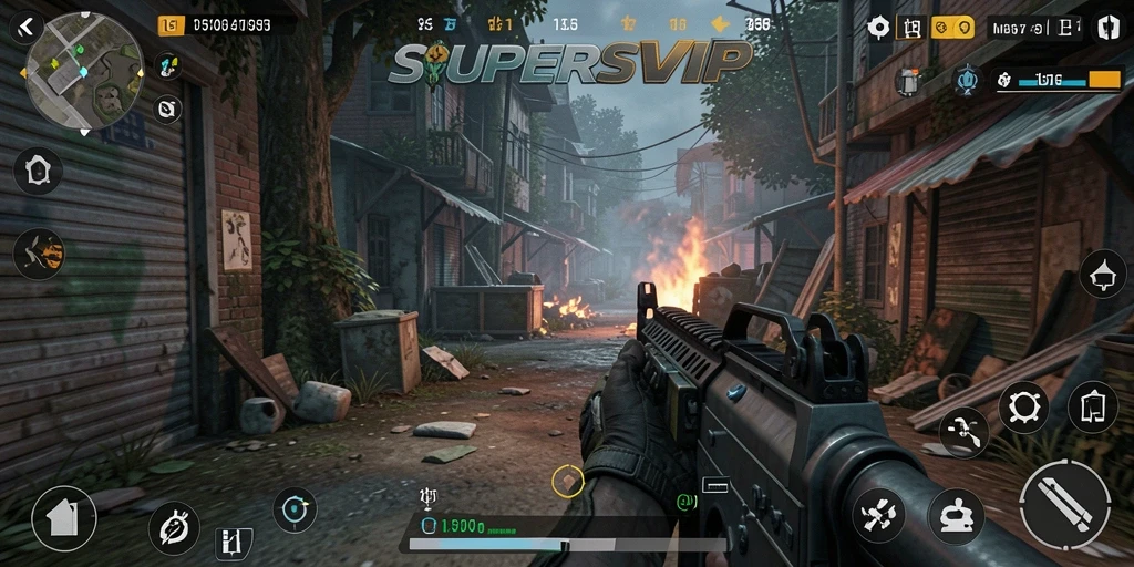 Screenshot gameplay SUPERSVIP yang menampilkan aksi tembak-tempak yang mendebarkan.