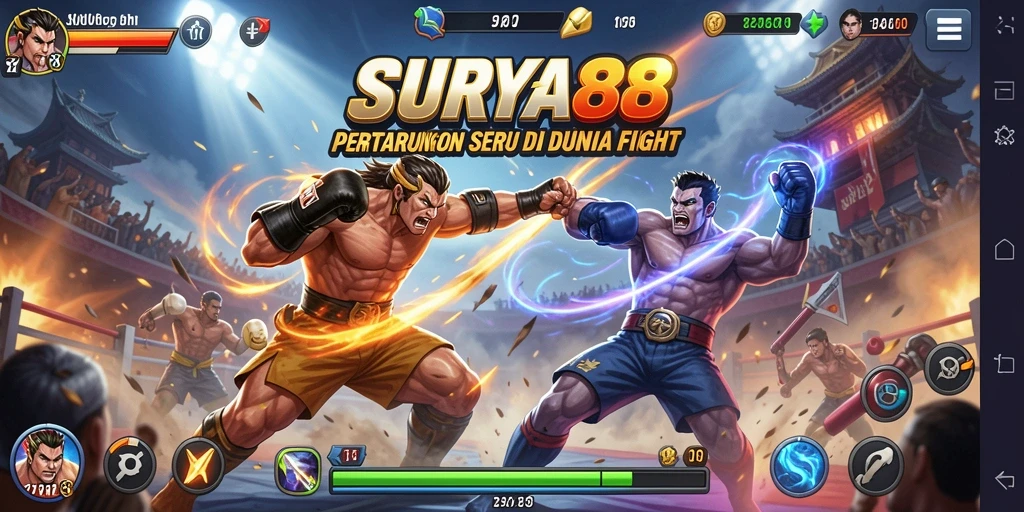Tampilan gameplay pertarungan seru di SURYA88 dengan karakter yang beragam.