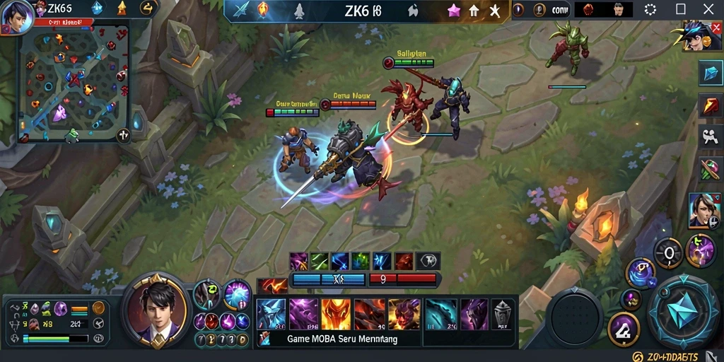 Screenshot gameplay ZK6 menampilkan aksi pertempuran seru di arena MOBA.