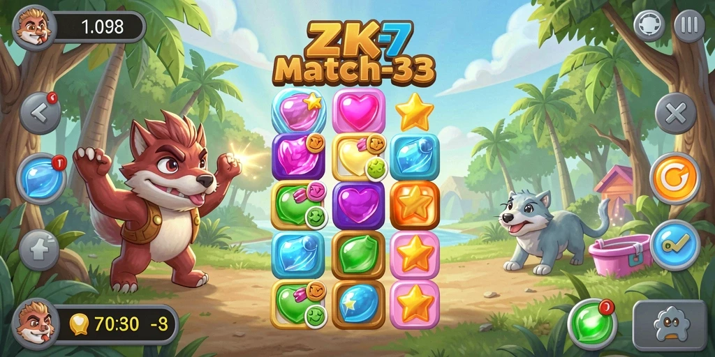 Screenshot ZK7 menunjukkan gameplay seru dan berwarna-warni di game Match-3.